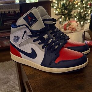 Men’s Jordan 1 Mid Blue, University Red, and White Sneakers